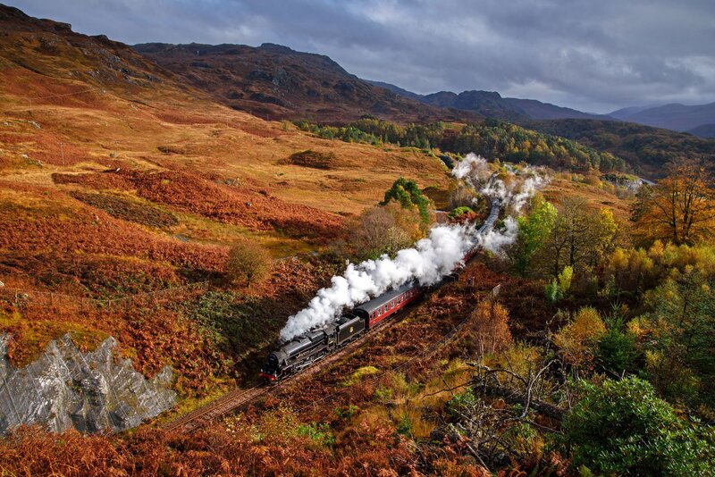 Steam Train in Mountains — Brown