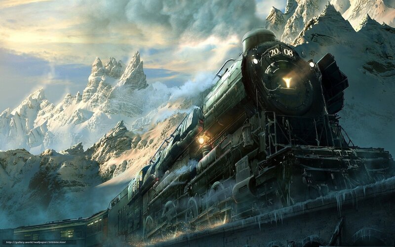 Steam Train in Mountains — Gray, Dramatic, Winter, Digital Art, Snowy Peaks