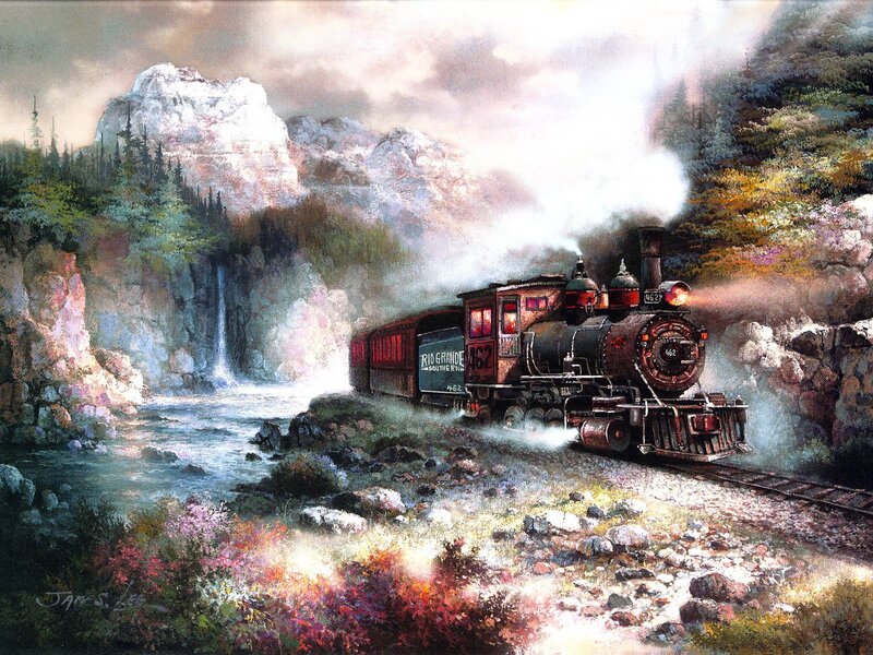 Steam Train in Mountains — Green, Dramatic, Afternoon, Painting