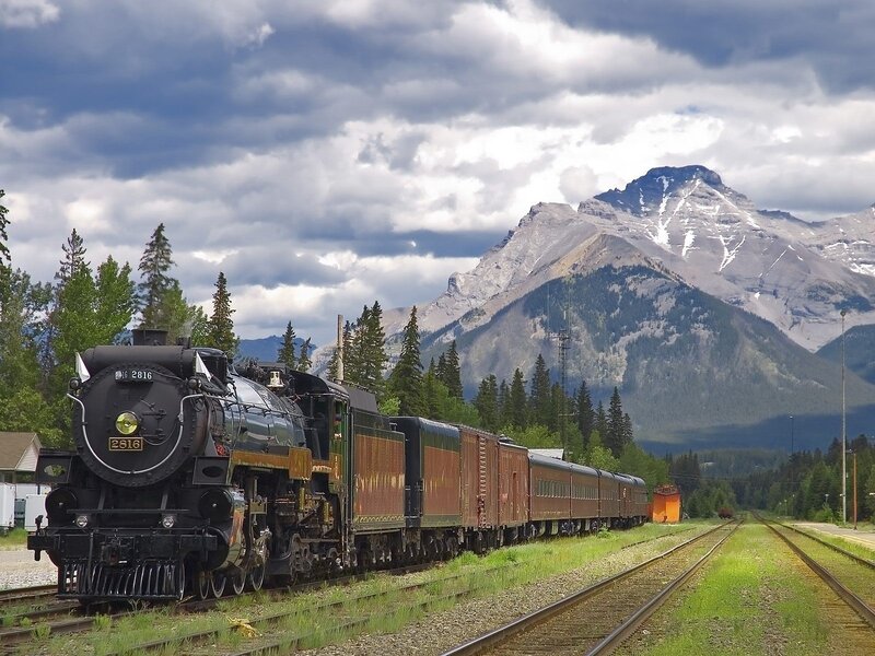Steam Train in Mountains — Green, Dramatic, Afternoon, Photograph