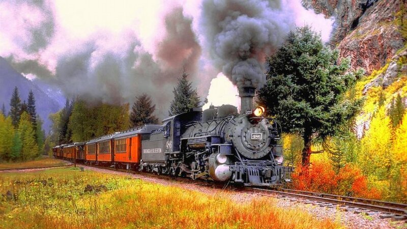 Steam Train in Mountains — Green, Dramatic, Autumn, Photograph