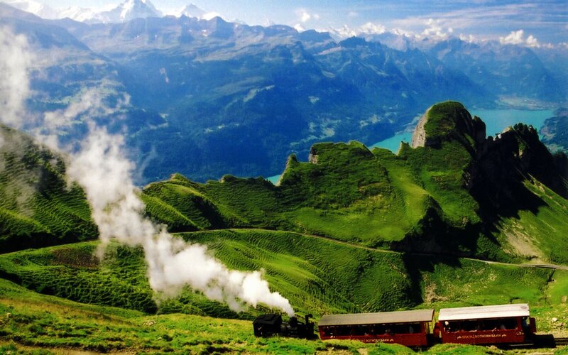 Steam Train in Mountains — Green, Serene, Afternoon, Photograph