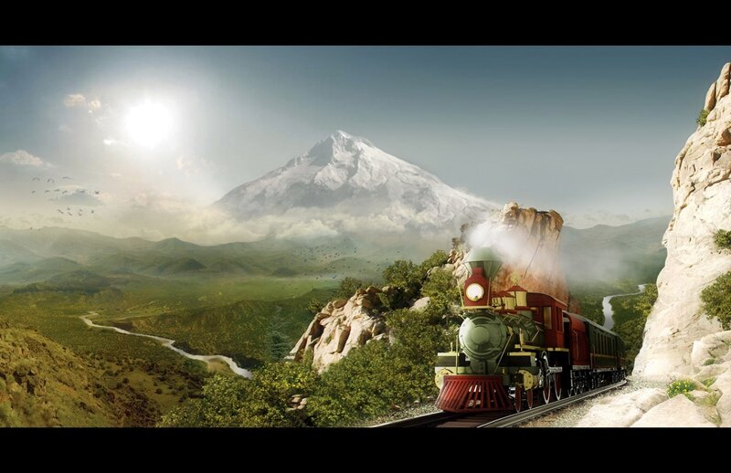 Steam Train in Mountains — Green, Serene