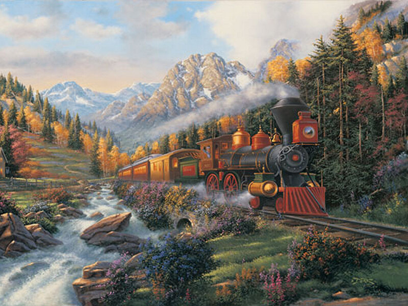 Steam Train in Mountains — Green