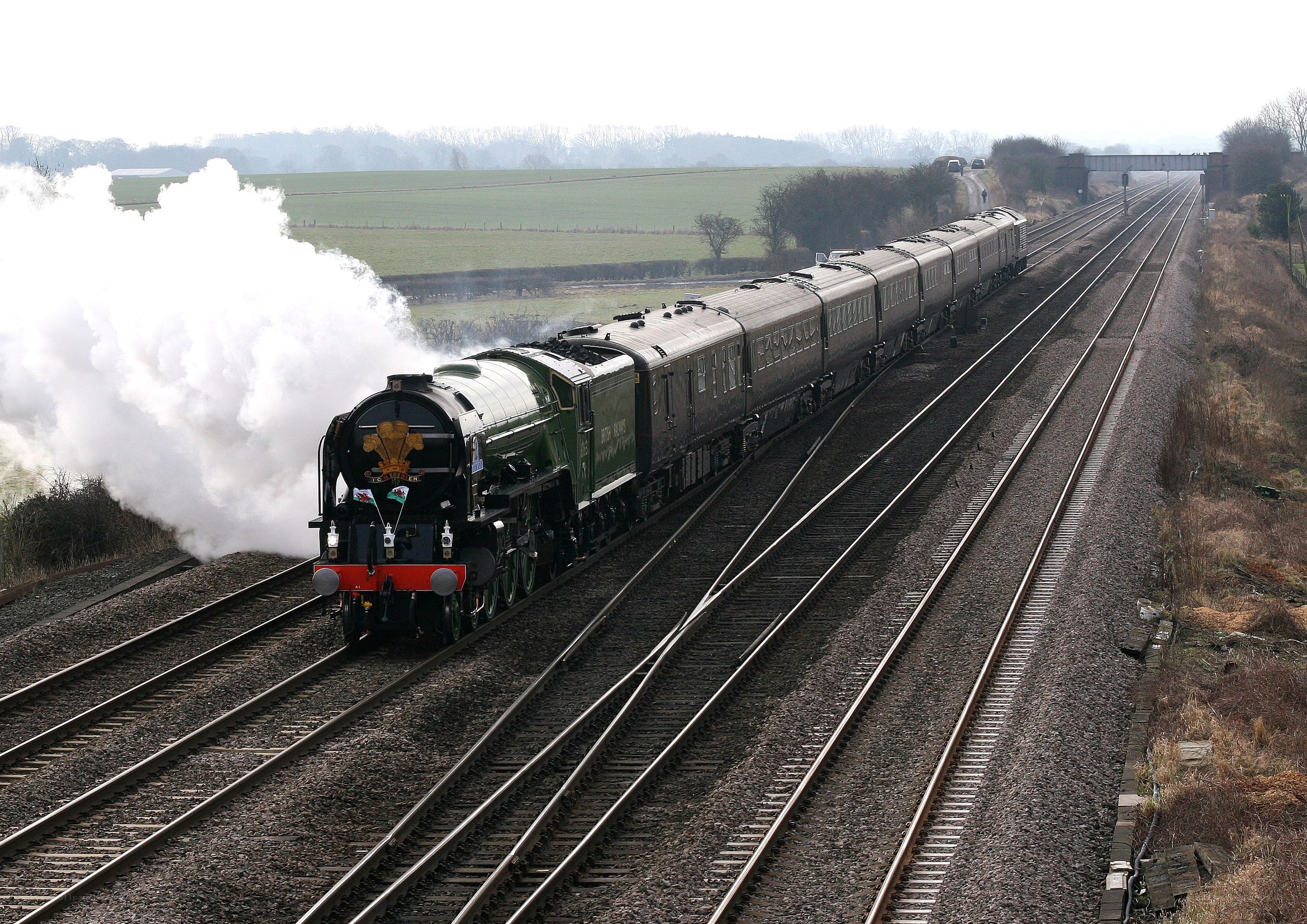 Steam train in rural landscape