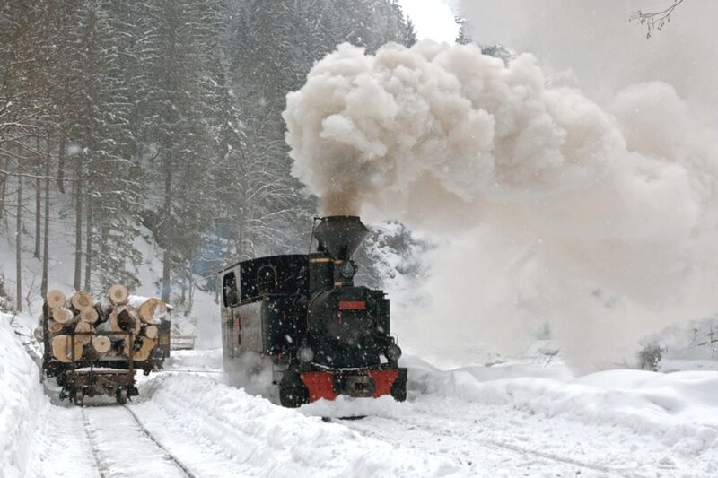 Steam Train in Snow — Black, Cold, Winter