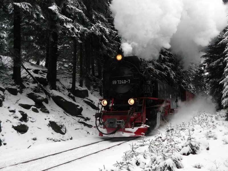Steam Train in Snow — Black, Dramatic