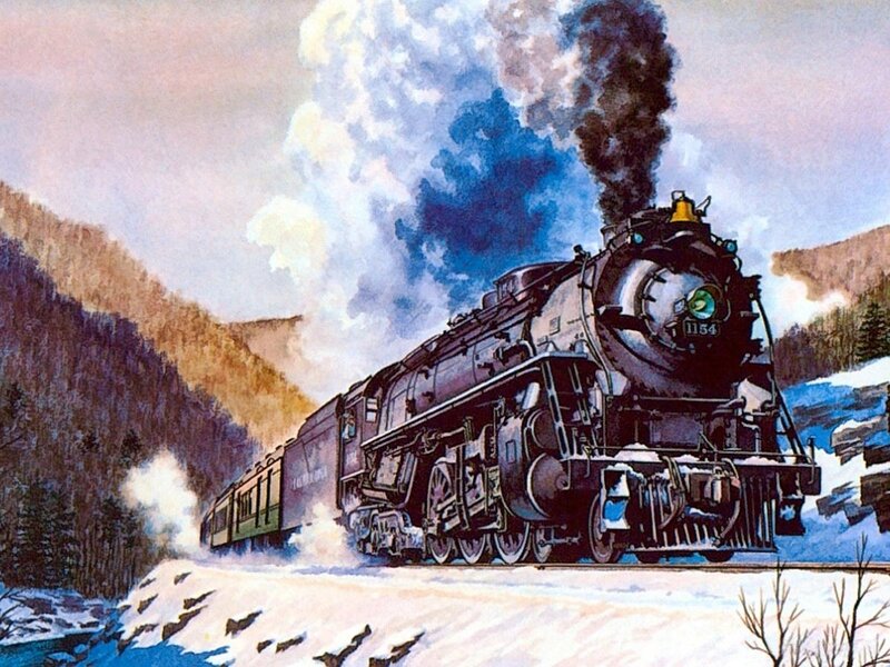 Steam Train in Snow — Black, Dramatic, Winter, Illustration