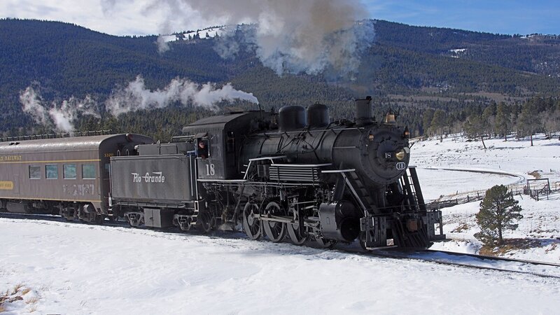 Steam Train in Snow — Black, Serene, Winter, Photograph, Mountains