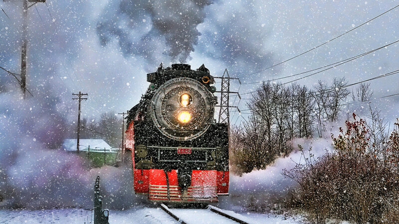 Steam Train in Snow — Black