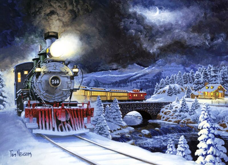 Steam Train in Snow — Blue, Dramatic, Night