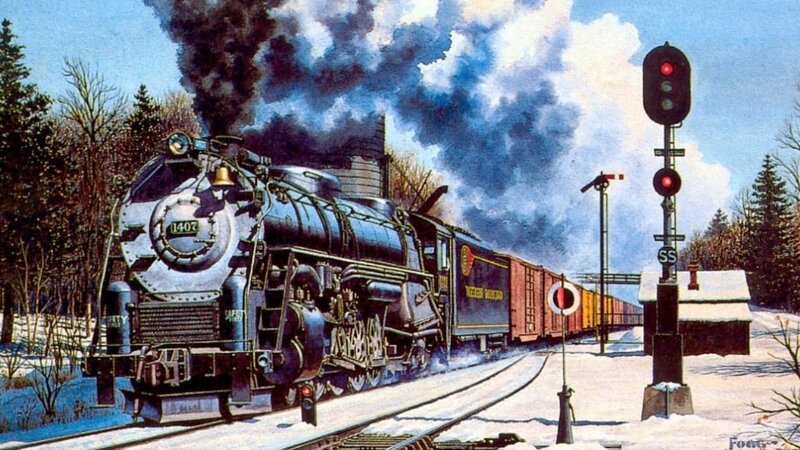 Steam Train in Snow — Blue, Dramatic