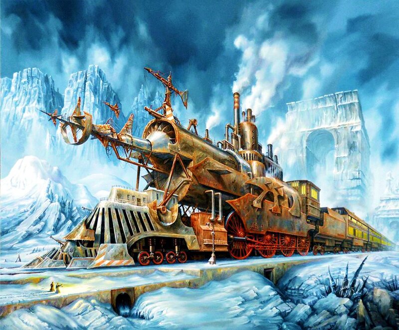 Steam Train in Snow — Blue, Dramatic, Winter, Digital Art