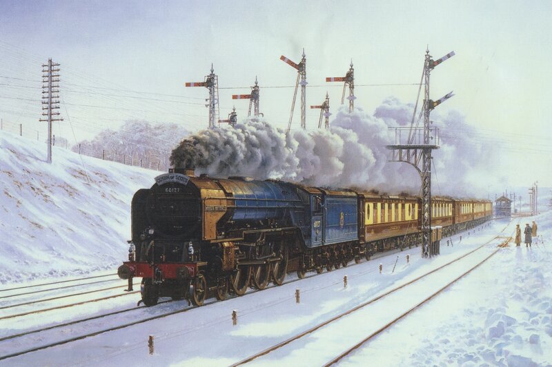 Steam Train in Snow — Blue, Dramatic, Winter, Illustration, Railway Signals
