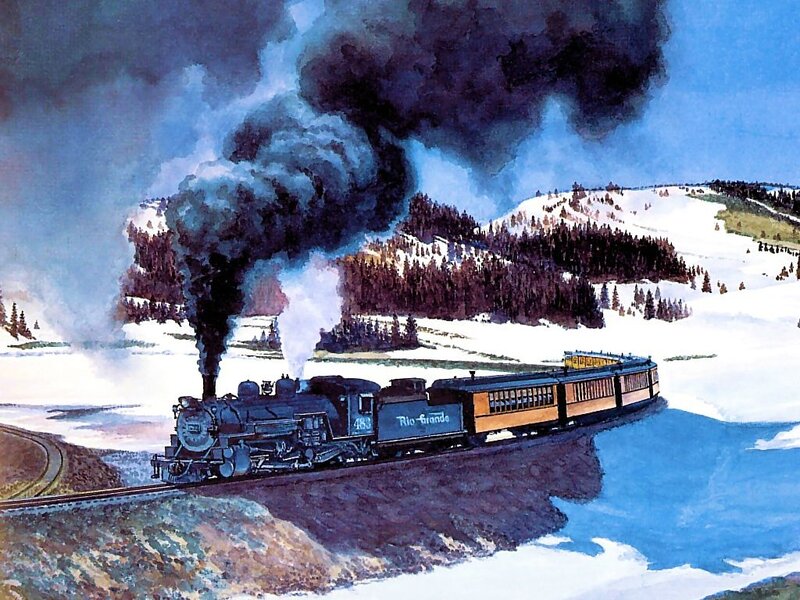 Steam Train in Snow — Blue, Dramatic, Winter, Illustration