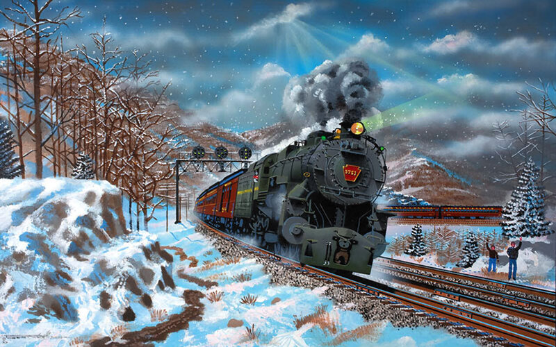 Steam Train in Snow — Blue, Dramatic, Winter, Illustration, Trees