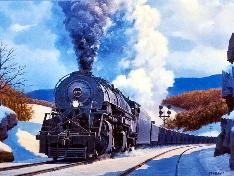 Steam Train in Snow — Blue, Dramatic, Winter, Painting, Mountains