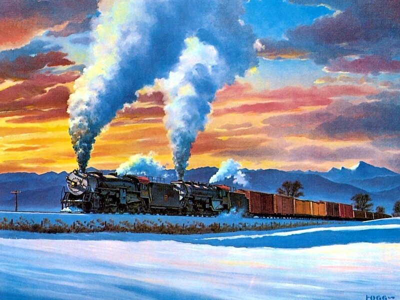 Steam Train in Snow — Blue, Dramatic, Winter, Painting