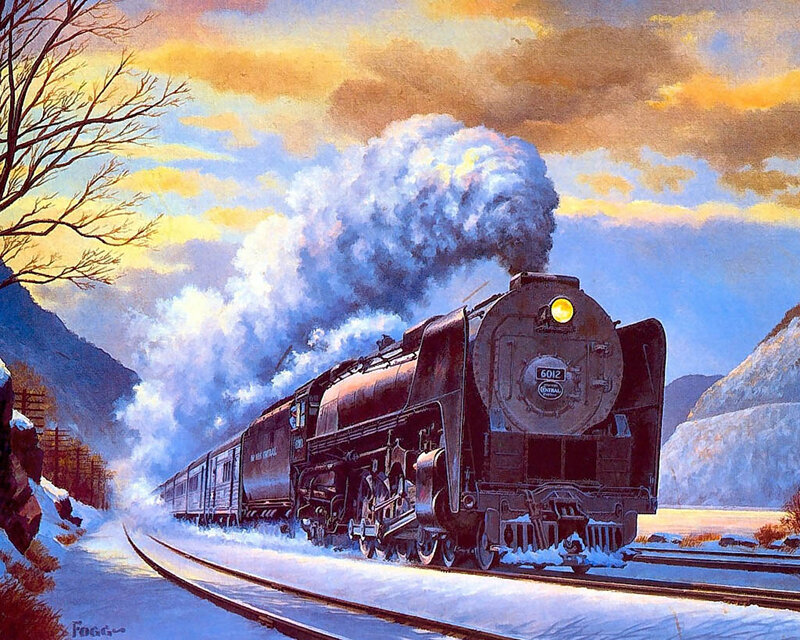 Steam Train in Snow — Blue, Dramatic, Winter
