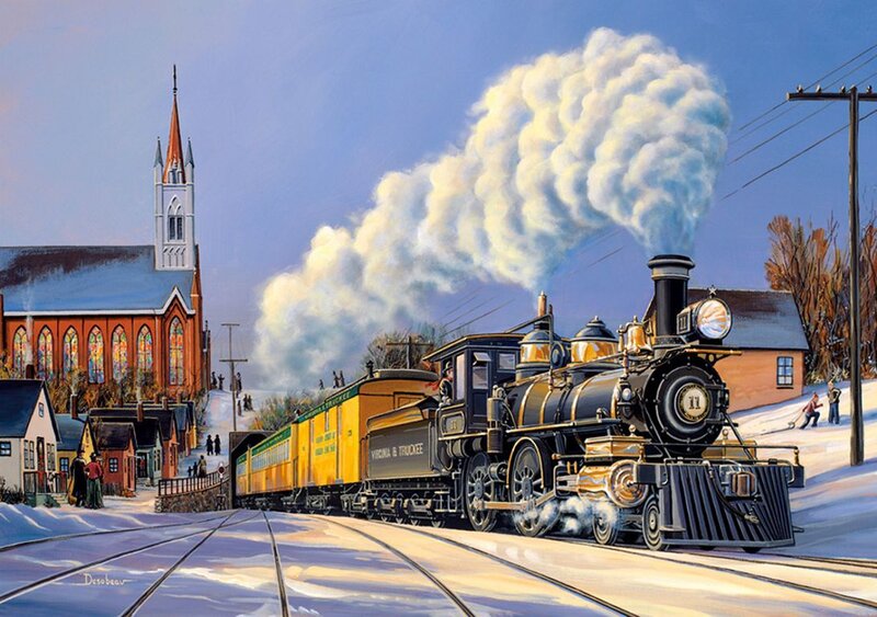 Steam Train in Snow — Blue, Peaceful