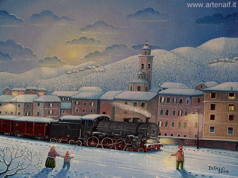 Steam Train in Snow — Blue