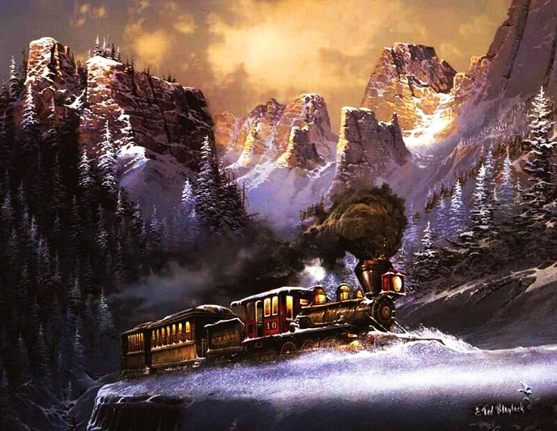 Steam Train in Snow — Brown