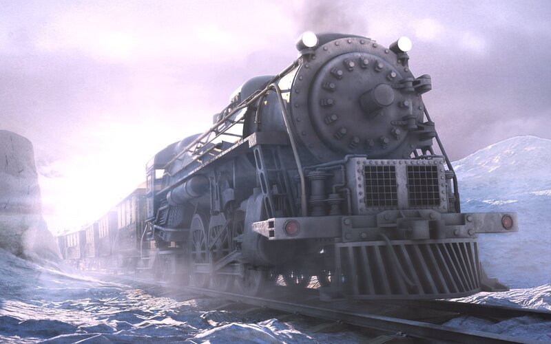 Steam Train in Snow — Gray, Dramatic, Winter, 3d Render