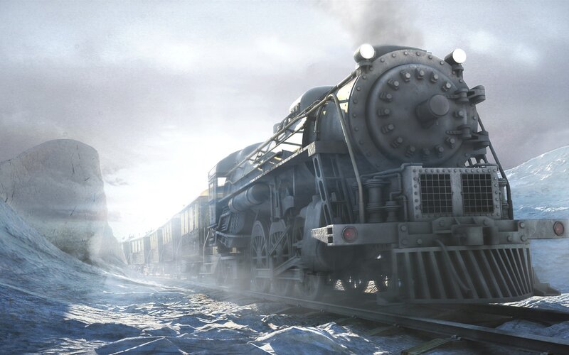 Steam Train in Snow — Gray, Dramatic, Winter, Digital Art, Mountains, Smoke, White, Black