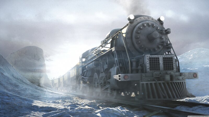 Steam Train in Snow — Gray, Dramatic, Winter, Digital Art, Mountains