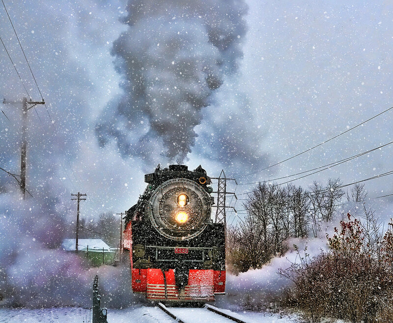 Steam Train in Snow — Gray