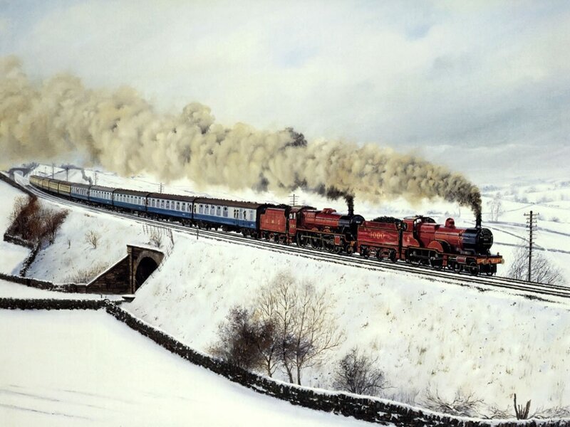 Steam Train in Snow — Red, Dramatic