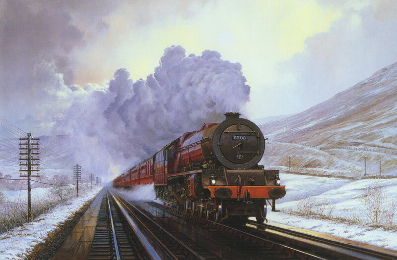 Steam Train in Snow — Red, Dramatic, Winter, Painting, Mountain, Smoke