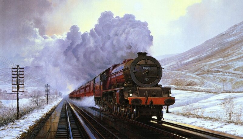 Steam Train in Snow — Red, Dramatic, Winter, Painting, Mountain