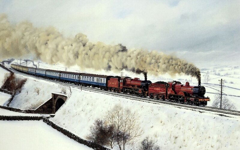 Steam Train in Snow — Red, Dramatic, Winter, Painting, Smoke