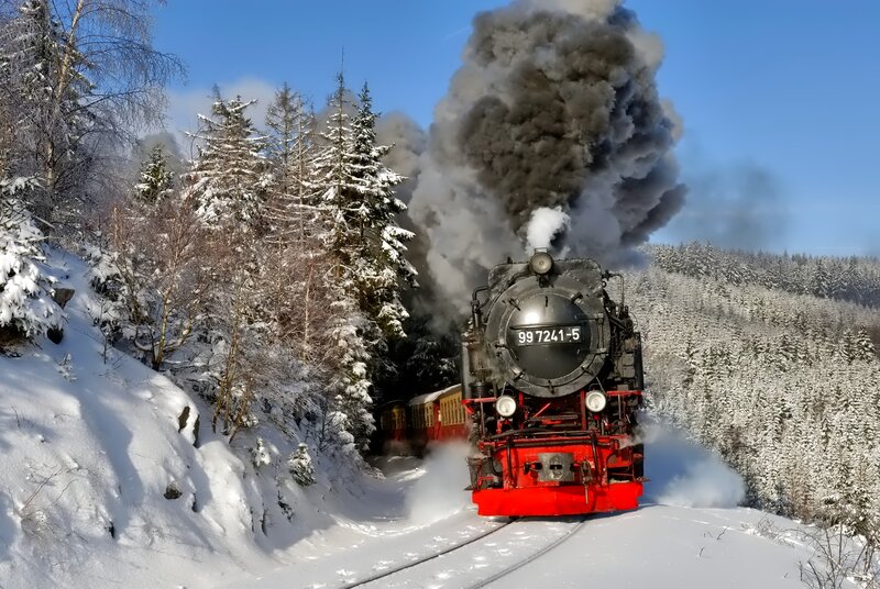 Steam Train in Snow — Red, Dramatic, Winter, Photograph