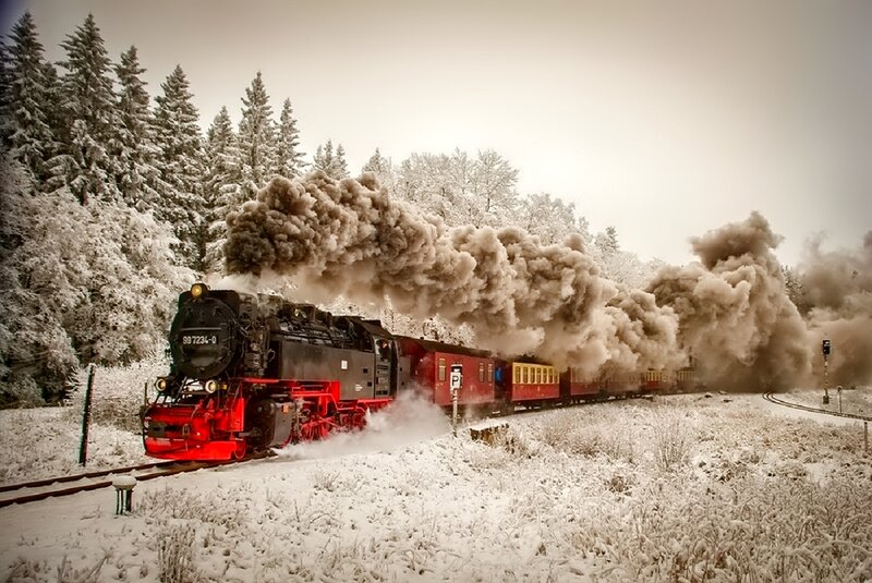 Steam Train in Snow — Red, Dramatic, Winter, Photograph, Trees