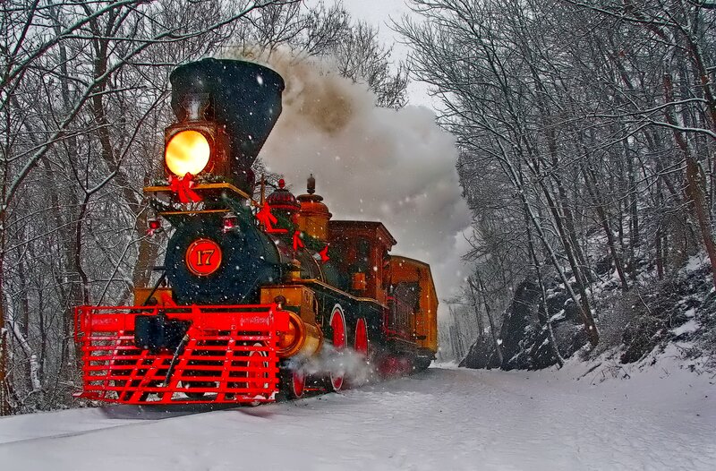 Steam Train in Snow — Red, Dramatic, Winter