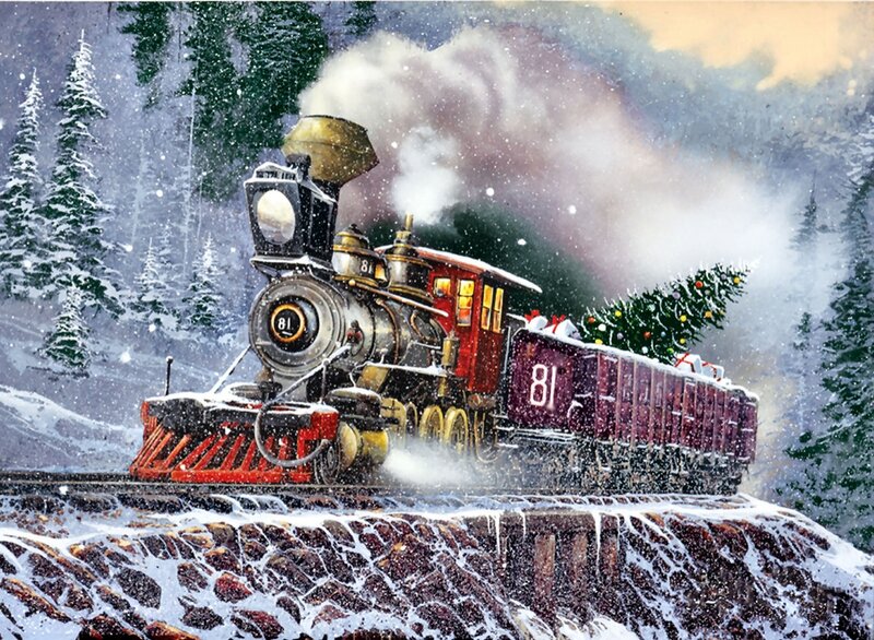 Steam Train in Snow — Red, Festive