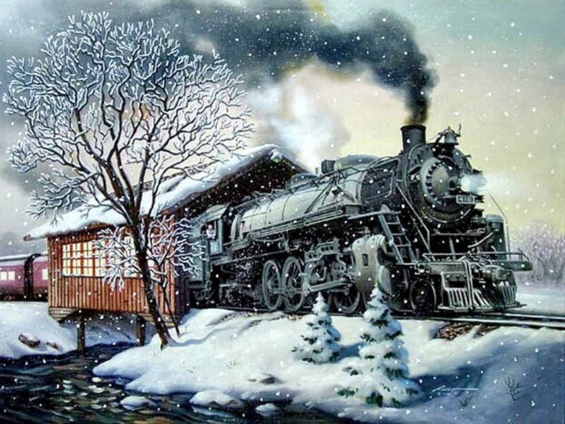 Steam Train in Snow — White, Cold