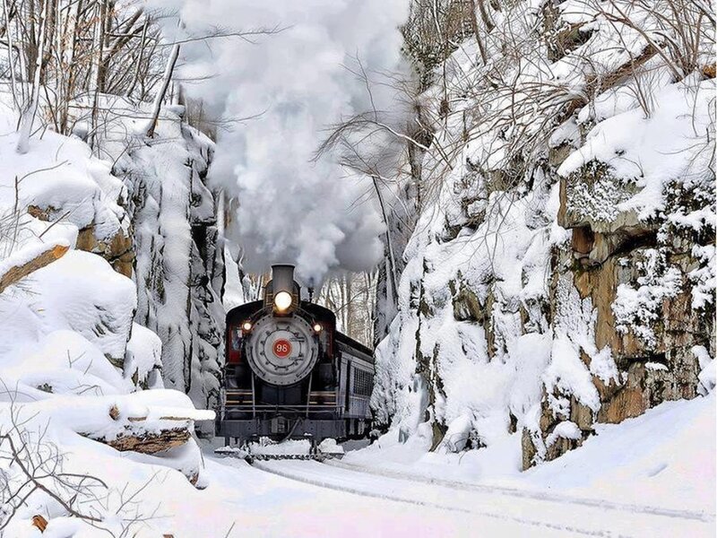 Steam Train in Snow — White, Cold, Winter, Photograph, Trees, Rocks