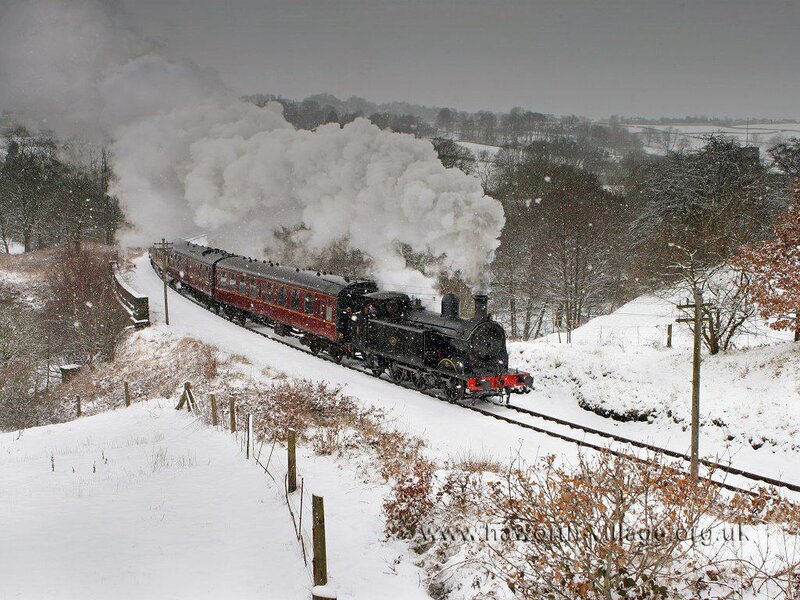 Steam Train in Snow — White, Cold, Winter, Photograph, Trees, Smoke, Black