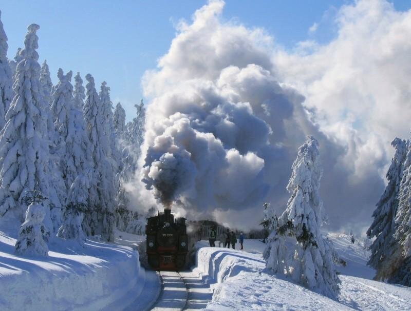 Steam Train in Snow — White, Cold, Winter, Photograph, Trees