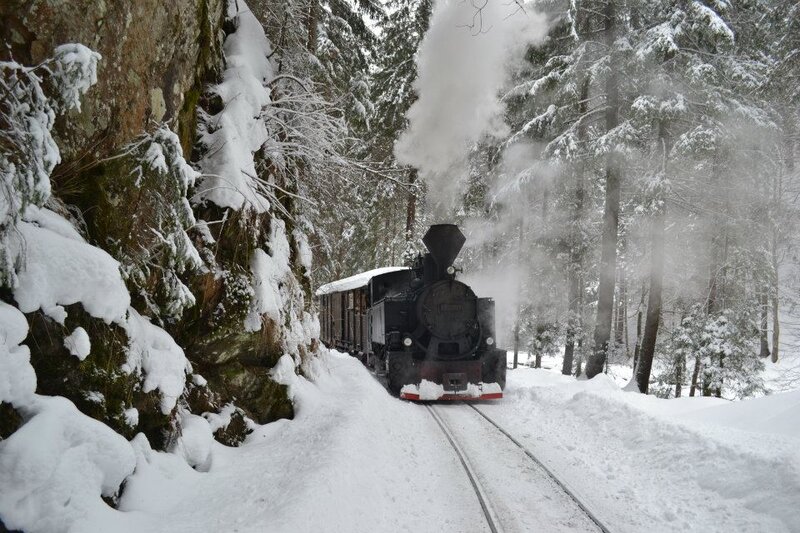 Steam Train in Snow — White, Cold, Winter, Photograph, Trees, Train Tracks