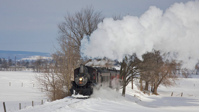 Steam Train in Snow — White, Cold, Winter