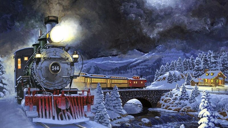 Steam Train in Snow — White, Dramatic, Night