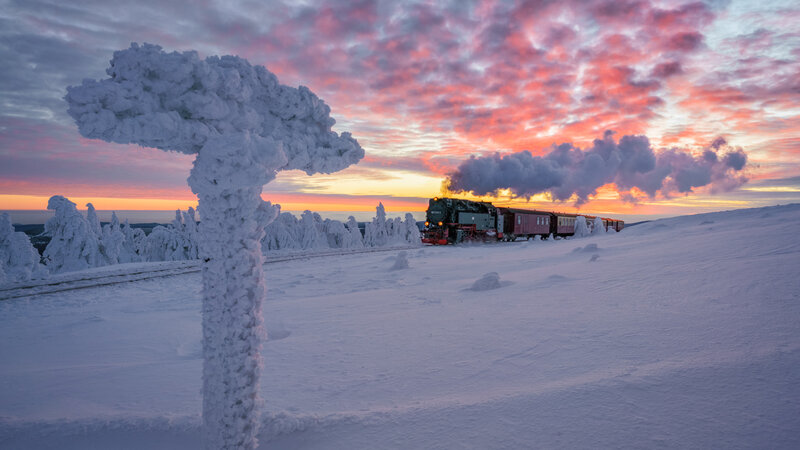 Steam Train in Snow — White, Dramatic, Sunset