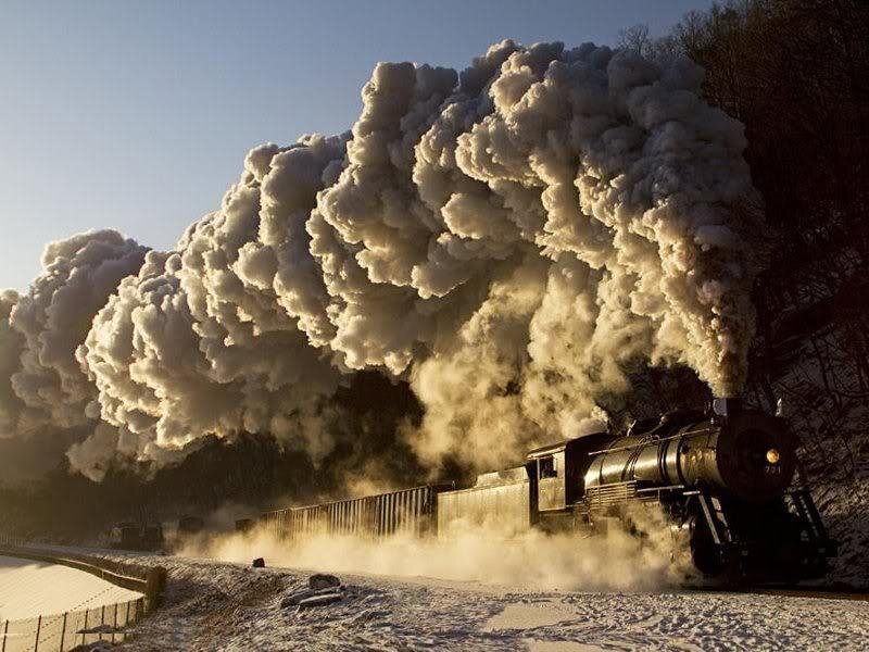 Steam Train in Snow — White, Dramatic