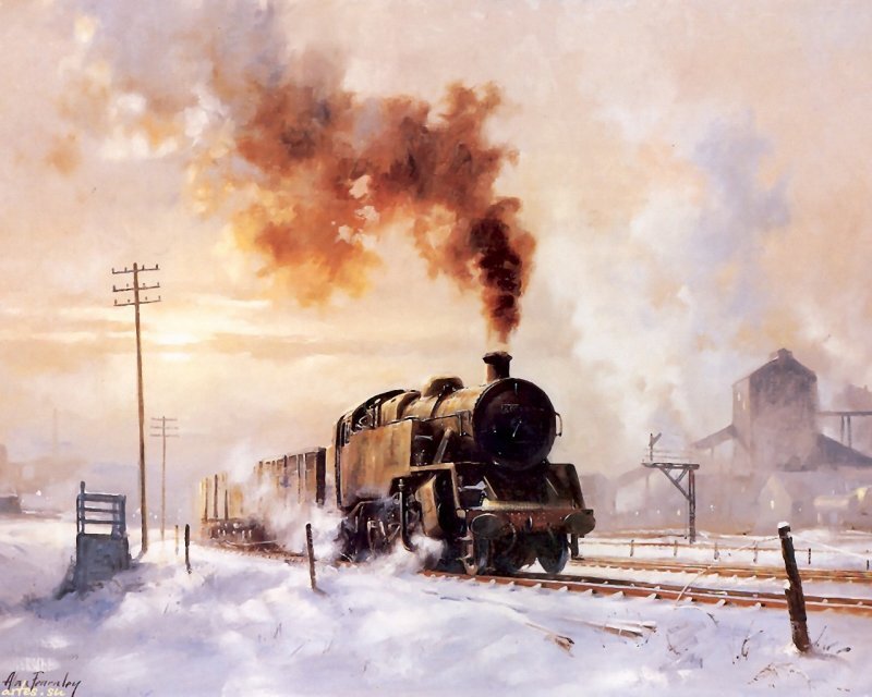 Steam Train in Snow — White, Dramatic, Winter, Painting