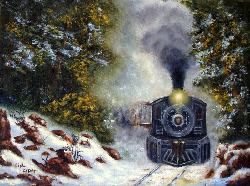 Steam Train in Snow — White, Dramatic, Winter, Painting, Trees