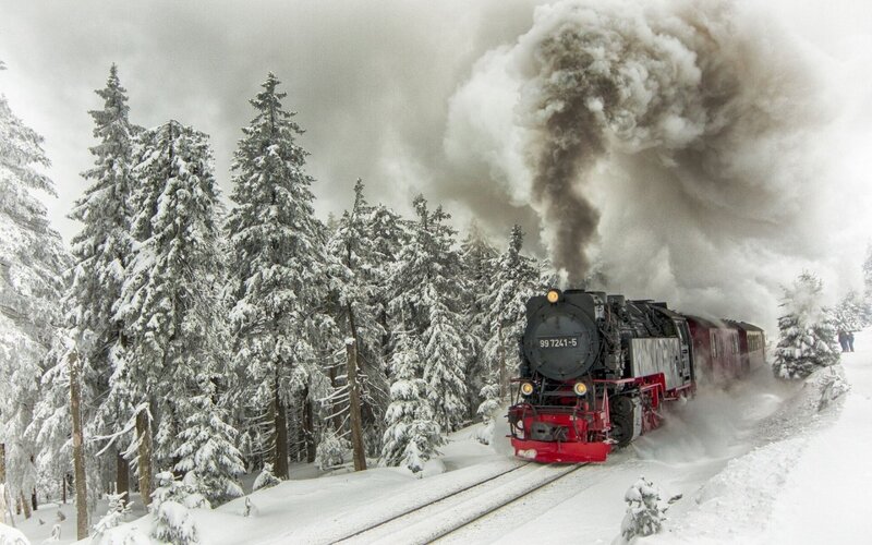 Steam Train in Snow — White, Dramatic, Winter, Photograph, Forest